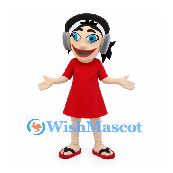 Girl Mascot Costume with Black Hair, Headphones and Red Dress