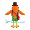 Orange Bird Mascot Costume with Brown Top Hat and Green Shorts