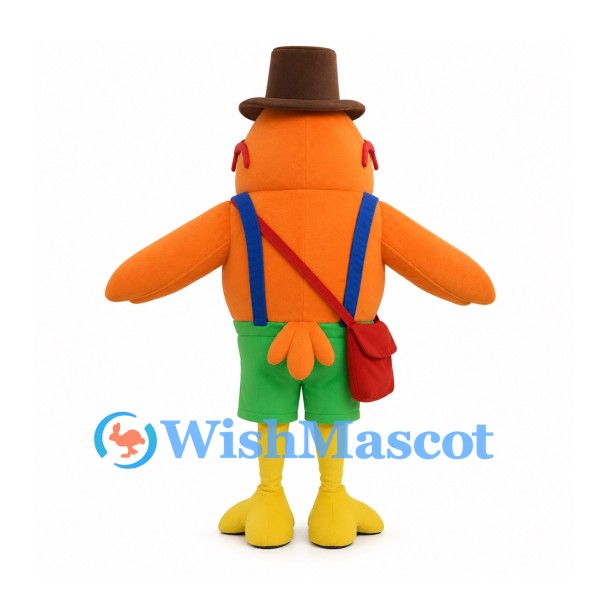Orange Bird Mascot Costume with Brown Top Hat and Green Shorts