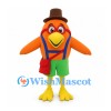 Orange Bird Mascot Costume with Brown Top Hat and Green Shorts
