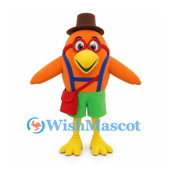 Orange Bird Mascot Costume with Brown Top Hat and Green Shorts
