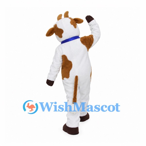 White and Brown Cow Mascot Costume with Blue Bow Tie
