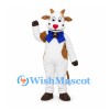 White and Brown Cow Mascot Costume with Blue Bow Tie
