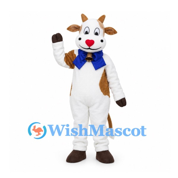 White and Brown Cow Mascot Costume with Blue Bow Tie