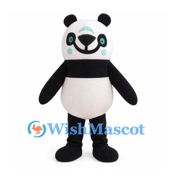 Panda Mascot Costume with Round Body and Blue Eye Accents