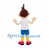 Boy Mascot Costume with Brown Spiky Hair and Blue Shorts