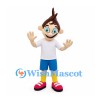 Boy Mascot Costume with Brown Spiky Hair and Blue Shorts