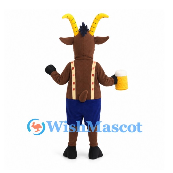 Brown Goat Mascot Costume with Yellow Horns and Blue Shorts