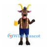 Brown Goat Mascot Costume with Yellow Horns and Blue Shorts