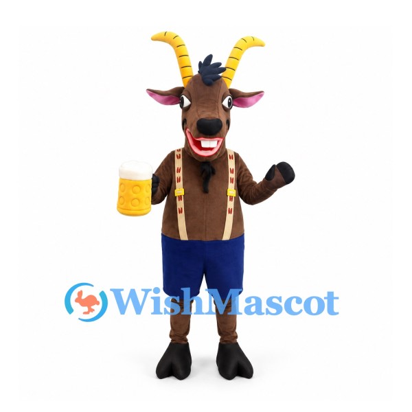 Brown Goat Mascot Costume with Yellow Horns and Blue Shorts