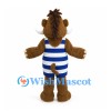 Brown Boar Mascot Costume with Blue and White Striped Swimsuit