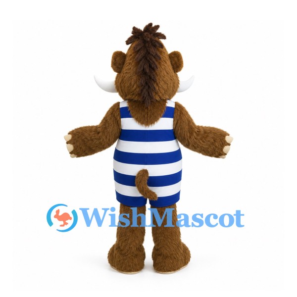 Brown Boar Mascot Costume with Blue and White Striped Swimsuit