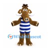 Brown Boar Mascot Costume with Blue and White Striped Swimsuit