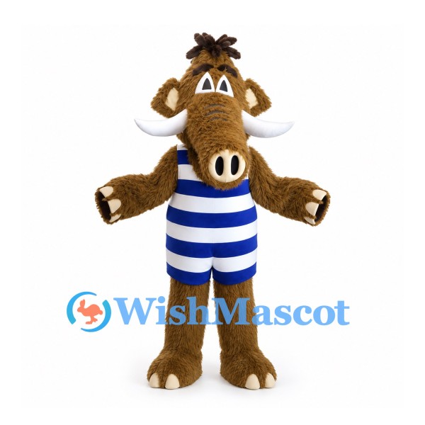 Brown Boar Mascot Costume with Blue and White Striped Swimsuit