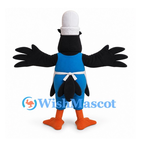 Black Bird Mascot Costume with White Top Hat and Blue Vest