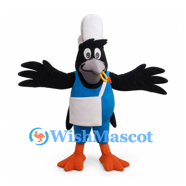 Black Bird Mascot Costume with White Top Hat and Blue Vest