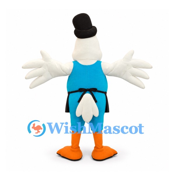 White Bird Mascot Costume with Black Top Hat and Blue Outfit