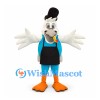 White Bird Mascot Costume with Black Top Hat and Blue Outfit