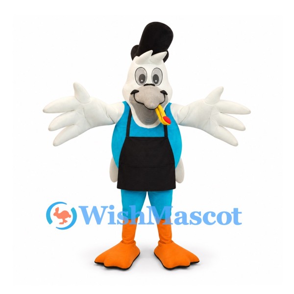 White Bird Mascot Costume with Black Top Hat and Blue Outfit