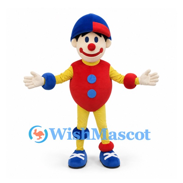 Clown Mascot Costume in Red and Yellow with Blue Cap