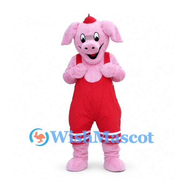 Pink Pig Mascot Costume with Red Overalls