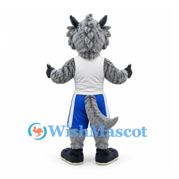 Gray Wolf Mascot Costume with White Sports Shirt and Blue Shorts