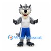 Gray Wolf Mascot Costume with White Sports Shirt and Blue Shorts