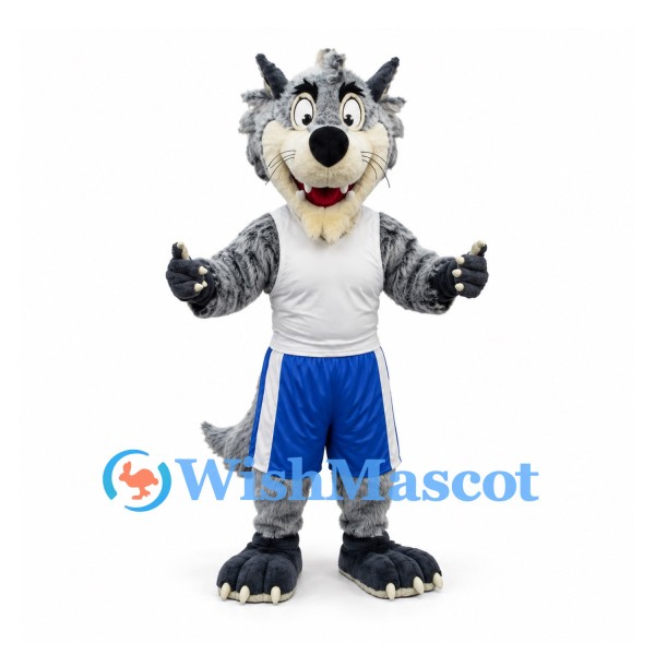 Gray Wolf Mascot Costume with White Sports Shirt and Blue Shorts