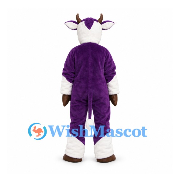 Purple Cow Mascot Costume with White Face and Gold Bell
