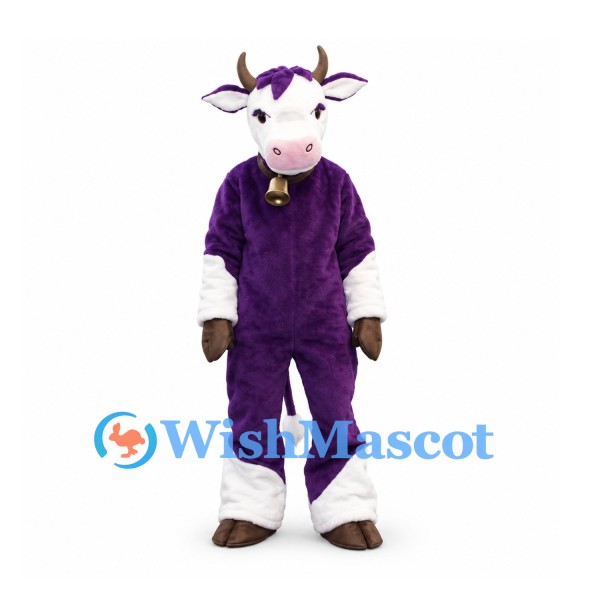 Purple Cow Mascot Costume with White Face and Gold Bell