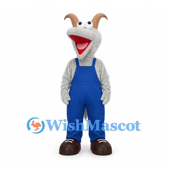Gray Goat Mascot Costume with Blue Overalls