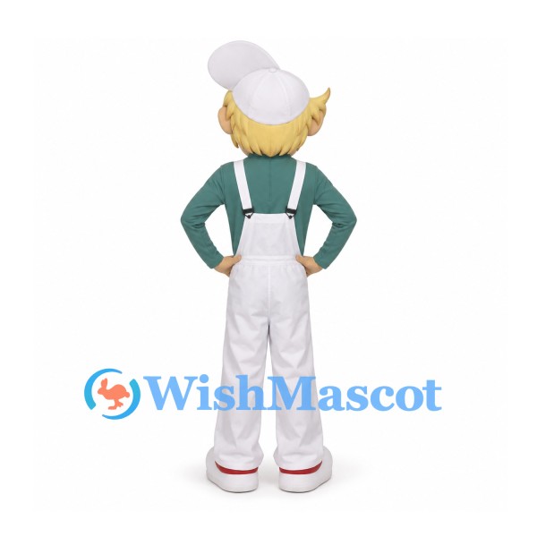 Boy Mascot Costume with White Overalls and Green Shirt