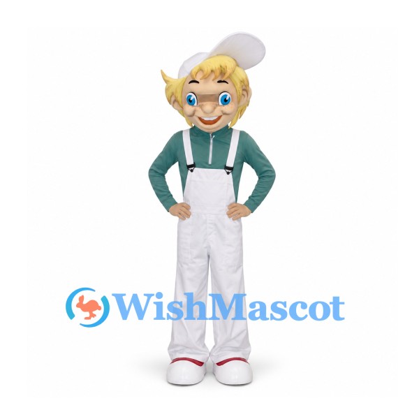Boy Mascot Costume with White Overalls and Green Shirt