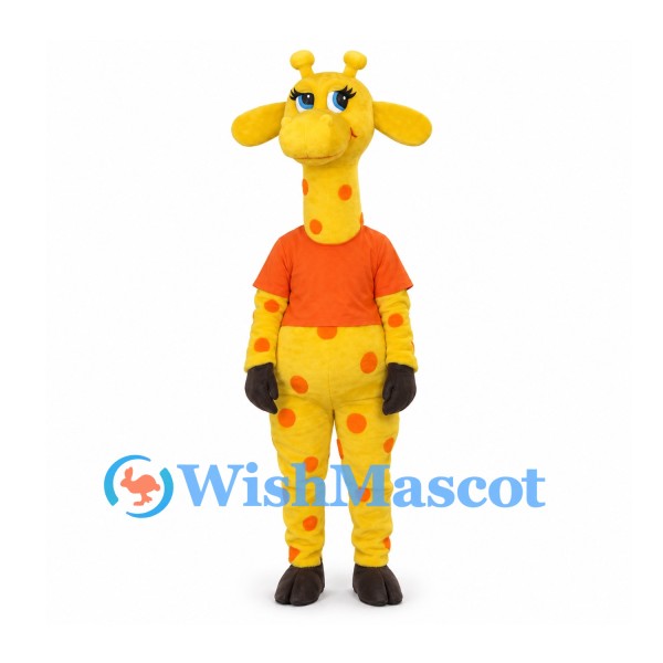 Yellow Giraffe Mascot Costume with Orange T-Shirt
