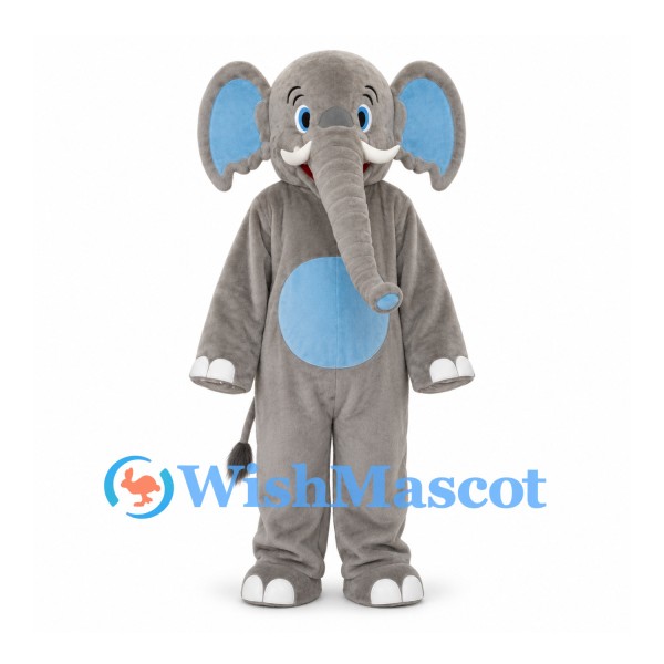 Gray Elephant Mascot Costume with Blue Ears and Belly