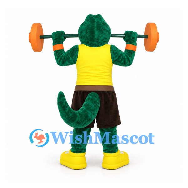 Green Crocodile Mascot Costume with Yellow Shirt and Barbell