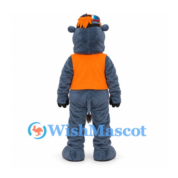 Gray Hippo Mascot Costume with Orange Vest and Blue Cap