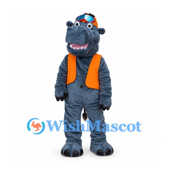 Gray Hippo Mascot Costume with Orange Vest and Blue Cap