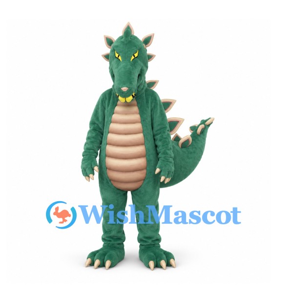 Green Dragon Mascot Costume with Beige Belly and Back Spikes