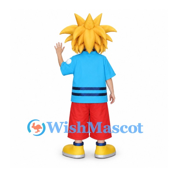 Boy Mascot Costume with Yellow Spiky Hair and Blue Shirt
