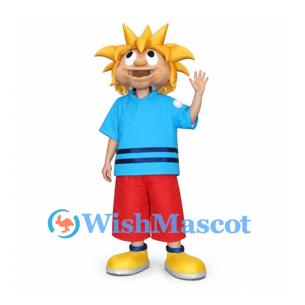 Boy Mascot Costume with Yellow Spiky Hair and Blue Shirt
