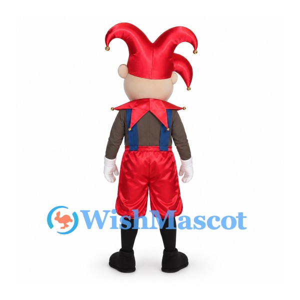 Jester Mascot Costume with Red Hat and Diamond Pattern Vest