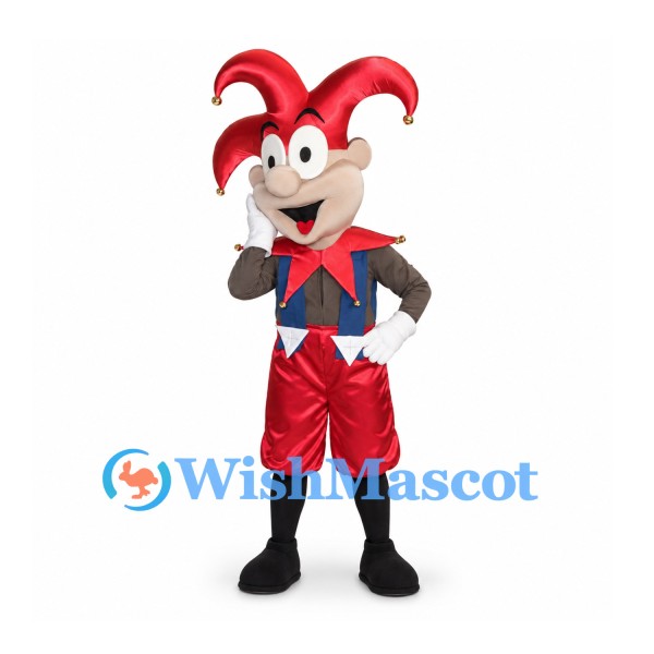 Jester Mascot Costume with Red Hat and Diamond Pattern Vest