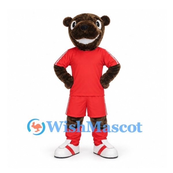 Brown Bear Mascot Costume with Red Sports Uniform