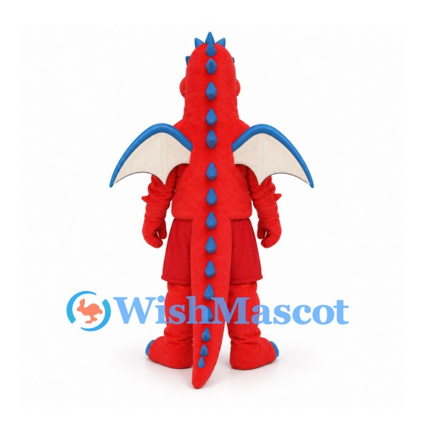 Red Dragon Mascot Costume with Blue Spikes and Bat Wings