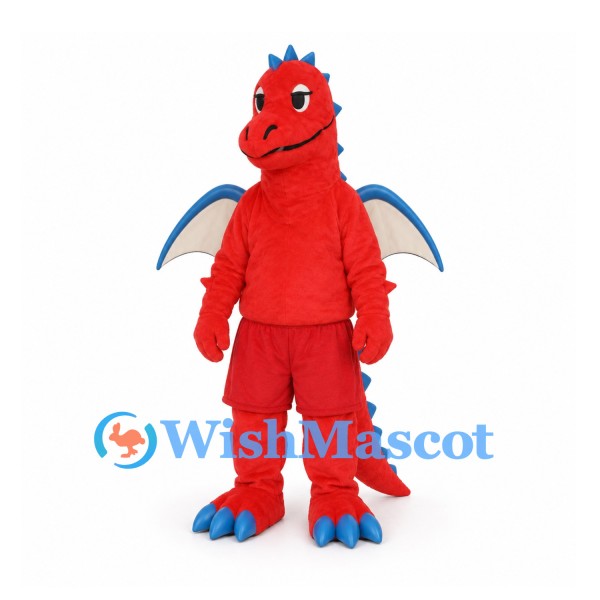 Red Dragon Mascot Costume with Blue Spikes and Bat Wings