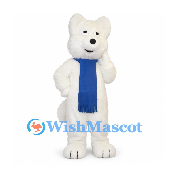 White Bear Mascot Costume with Blue Scarf