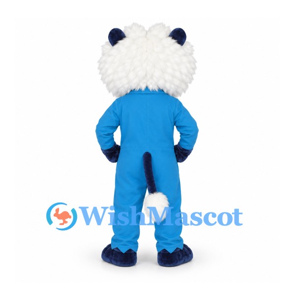 Blue Monster Mascot Costume with White Fur Collar and Tail Pom-Poms