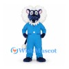 Blue Monster Mascot Costume with White Fur Collar and Tail Pom-Poms