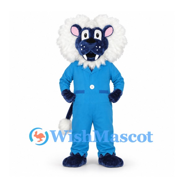 Blue Monster Mascot Costume with White Fur Collar and Tail Pom-Poms